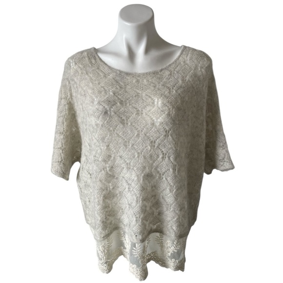 Anthropologie Tops - Anthropologie Knitted & Knotted Lace Hem Sweater Short Sleeve Cream Small